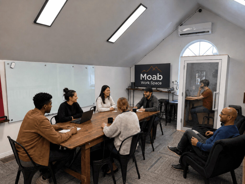 Business meeting in Moab Tourism Center's coworking space with diverse professionals.